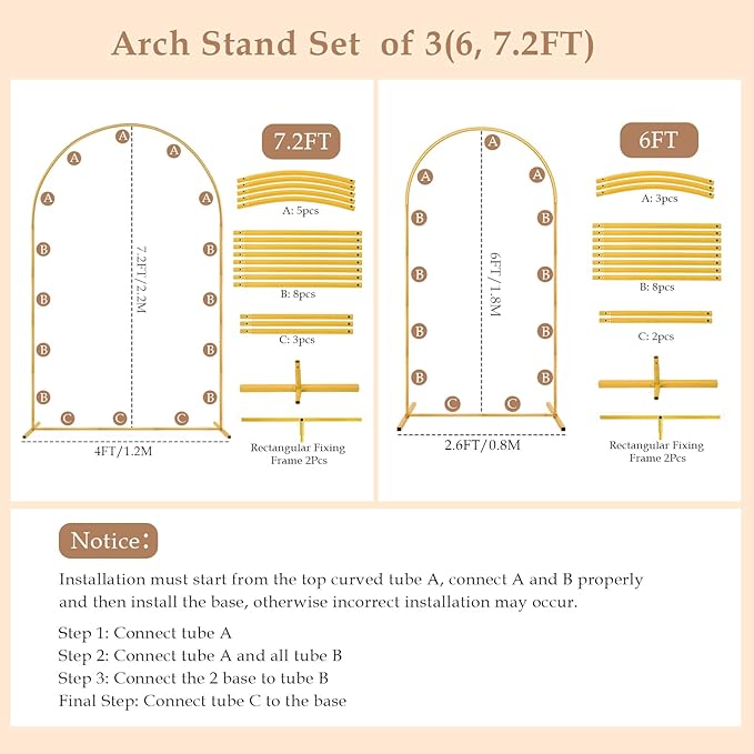 Metal Arch Backdrop Stand, 7.2FT+6FT Wedding Arch Stand, Set of 2 Backdrop Arch Stand, Metal Arch Stand for Wedding Ceremony Birthday Party Baby Shower Graduation Ceremony Decoration