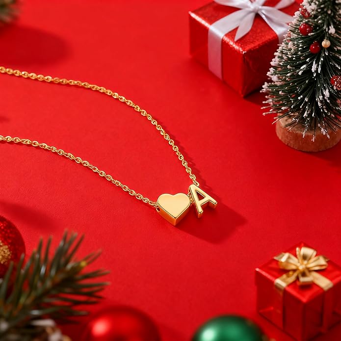 Turandoss Christmas Gifts for Grandkids - Dainty 18K Gold Plated Tiny Heart Initial A-Z Letter Pendant Necklace Stocking Stuffers for Teen Girls Jewelry