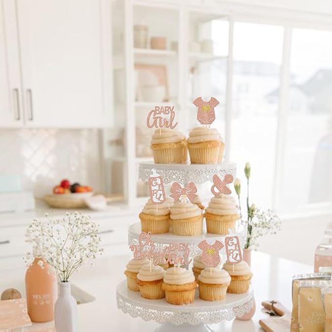 24 Pack It's a Girl Cupcake Toppers Glitter Pacifier Onesie Jumpsuit Bow Gender Reveal Cupcake Picks Welcome Baby Shower Cake Decorations for Baby Girl Birthday Theme Party Supplies Rose Gold