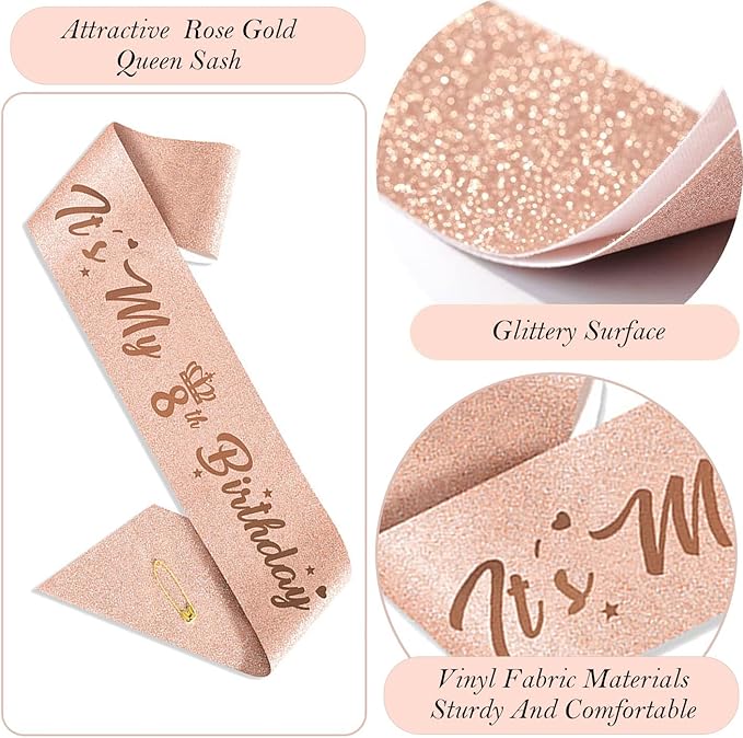 8th Birthday Decorations for Girls, Including 8 year old Birthday Cake Topper, Queen Sash with Pearl Pin, Sweet Rhinestone Tiara Crown, Number Candles and Balloons Set, Rose Gold