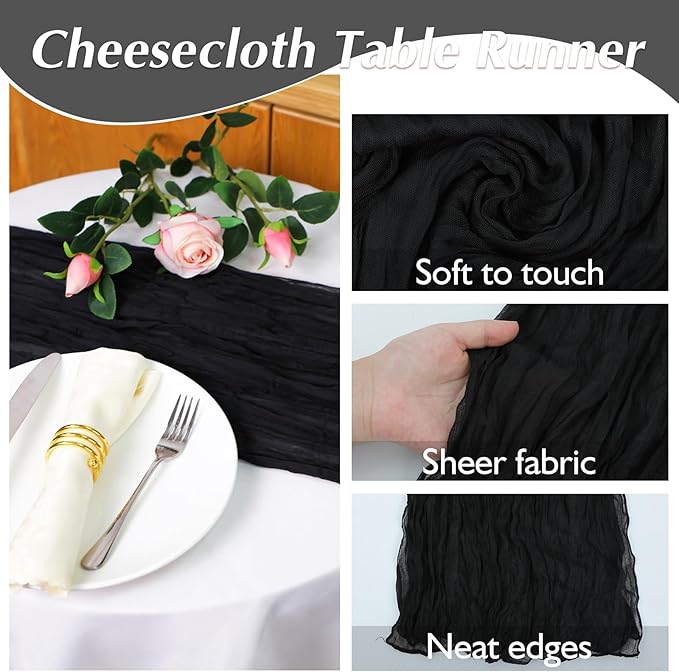 1 Pack Cheesecloth Table Runner Rustic Sheer Boho Gauze 35 x 120 Inch Centerpiece Cheese Cloth for Bridal Baby Shower Summer Spring Decorations Black