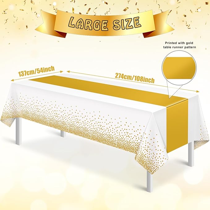 1Pcs White and Gold Tablecloth Party Decorations,Plastic White Table Cloth Printed Gold Table Runner Disposable Rectangle Tables Cover for Birthday Wedding Anniversary Graduation Party,54 x108 Inch