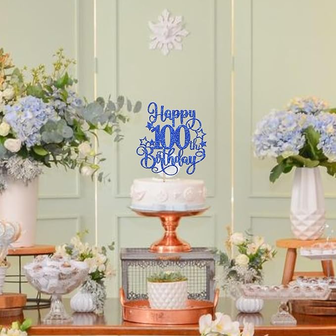 1 PCS Happy 100th Birthday Cake Topper Glitter Cheers to 100 Years Birthday Cake Pick Hello 100 Fabulous Cake Decoration for Happy 100th Birthday Anniversary Party Decorations Supplies Blue