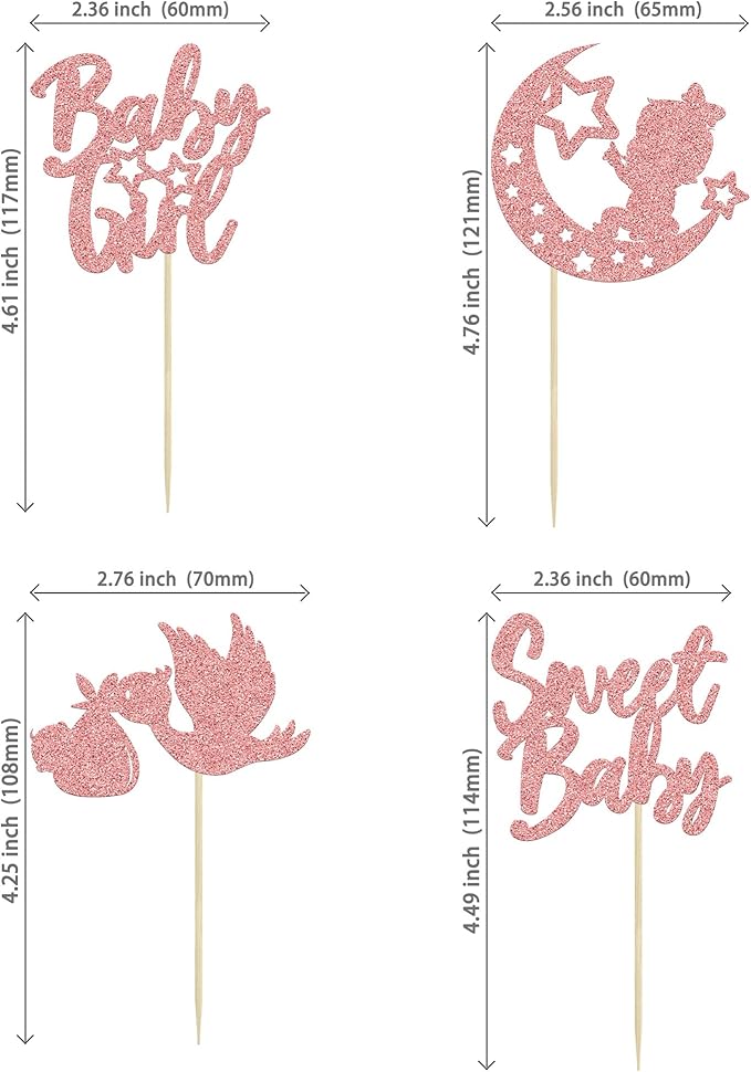 24Pcs Sweet Baby Girl Cupcake Toppers Rose Gold Glitter Moon Star Baby Shower Cupcake Picks Decorations for Gender Reveal Baby Shower Kids Girls Birthday Party Supplies