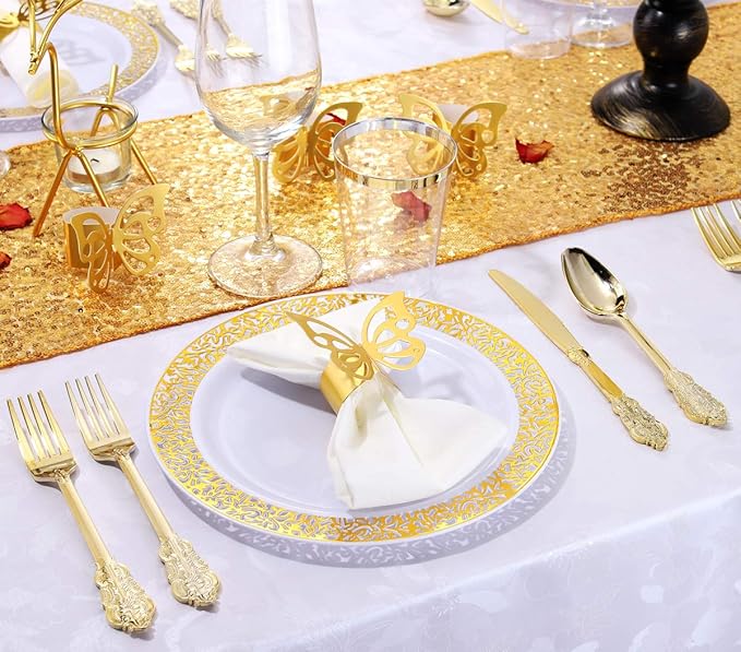 Nervure 200PCS Gold Plastic Silverware Set- Disposable Flatware - Disposable Gold Plastic Cutlery for Party- Includes 50 Forks,50 Spoons,50 Knives,50 Napkins,50 Butterfly Clasp