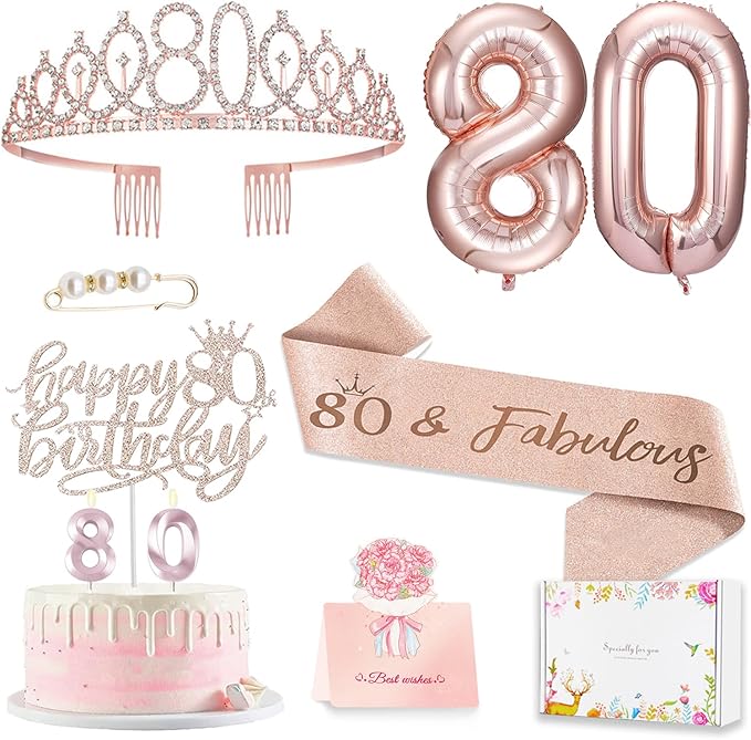 80th Birthday Gifts Decorations for Women, Including 80 year old Birthday Cake Topper, Queen Sash with Pearl Pin, Sweet Rhinestone Tiara Crown, Number Candles and Balloons Set, Rose Gold