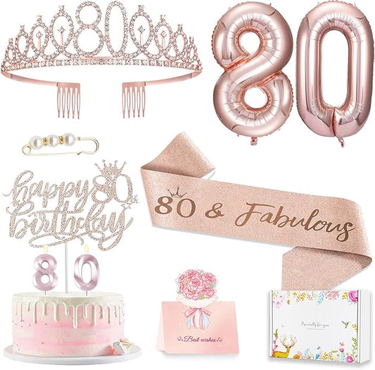 80th Birthday Gifts Decorations for Women, Including 80 year old Birthday Cake Topper, Queen Sash with Pearl Pin, Sweet Rhinestone Tiara Crown, Number Candles and Balloons Set, Rose Gold