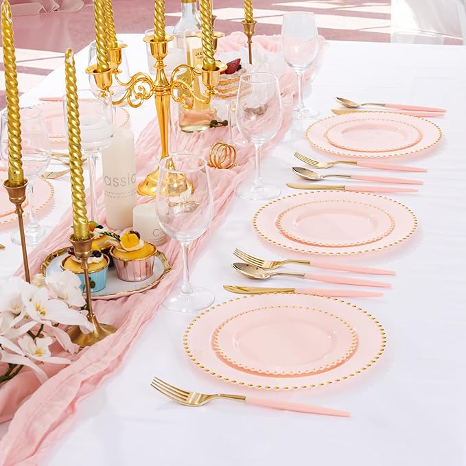 Supernal 102Pcs Pink Plastic Silverware, Gold Disposable Utensils with Pink Handle, Elegant Gold Plastic Silverware Set Includes 34 Forks, 34 Spoons and 34 Knives for Party & Wedding, Mother's Day