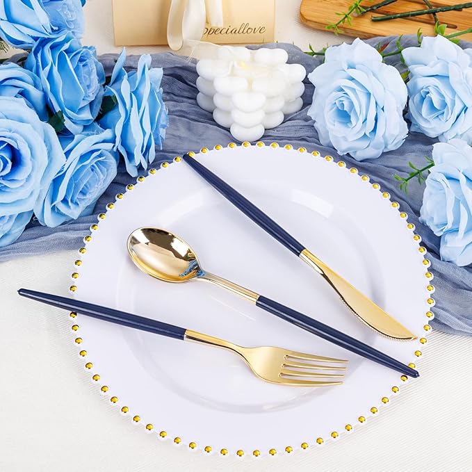 Supernal 102Pcs Dark Blue Plastic Silverware, Gold Plastic Cutlery with Dark Blue Handle, Gold Disposable Utensils Includes 34 Forks, 34 Spoons and 34 Knives for Mother's Day, Wedding, Theme Banquet