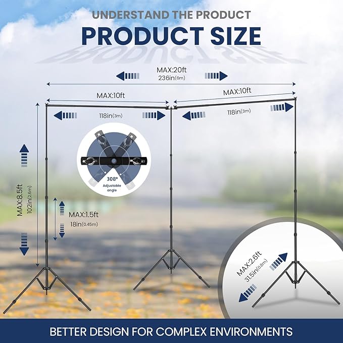 Jiang&Rong 8.5 x 20ft (H x W) Adjustable Photo Backdrop Stand Kit, Large Photography Background Stand with 308°Angle Rotatable Connector for Wedding, Birthday, Party