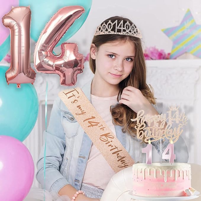 14th Birthday Decorations for Girls, 14th Birthday Sash and Crown, Cake Topper, Number Candles and Balloons, 14 Year Old Gifts for Girls