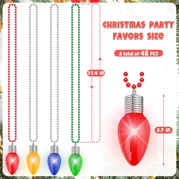 48PCS Light Up Christmas Necklaces, 3 Lighting Modes Festive Xmas Accessories, 4 Vibrant Colors Lights Bead Chain, Christmas Party Favors Necklaces for Holiday Celebrations New Year Decorative