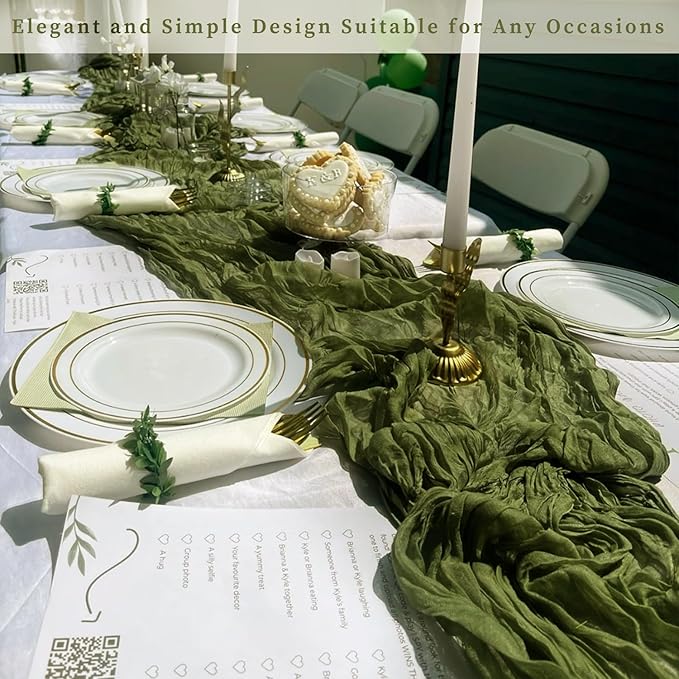 20 Pack Olive Green 10FT Cheesecloth Table Runner Rustic Gauze Cheese Cloth Table Runner for Wedding Bridal Baby Shower Table Decorations Boho Fabric Sheer Birthday Party Decor 20 x 120 Inch Long