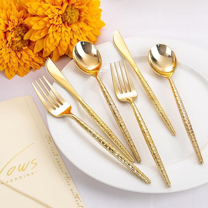Rubtlamp 90Pcs Christmas Gold Plastic Silverware, Gold Disposable Christmas Utensils, Hammered Plastic Silverware, Gold Plastic Forks And Spoons Set Include 30 Forks, 30 Knives,30 Spoons