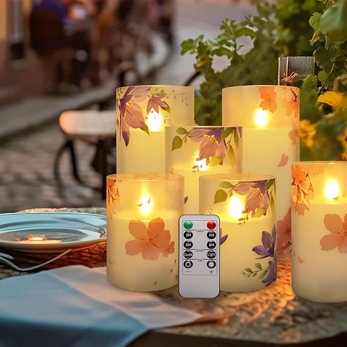 6Pack Flameless LED Candles with Remote Control and Timer-Floral Pillar Battery Operated Candle -(D3 X 4”5”6”) for Home décor, Wedding,Dinner,Holiday