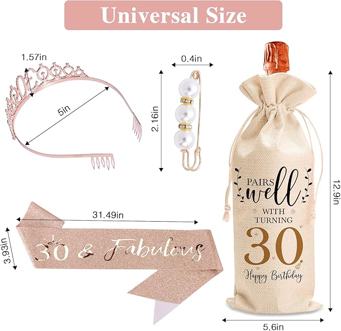 30th Birthday Gifts for Women Her - Elegant Decorations with Vintage Wine Glasses, Wine Bag, Birthday Sash, Crown,Rhinestone Birthday Tiara, Perfect for Women,Mom,Wife,Coworker,Best Friend,Sister