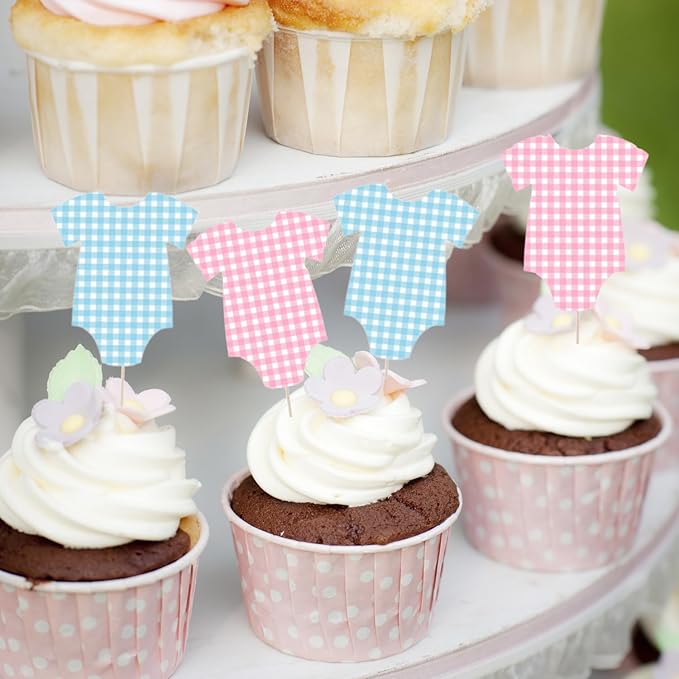 ALISSAR 36 Pcs Blue & Pink Gingham Cupcake Toppers - Gender Reveal Decorations, Baby Shower Cake Topper for Boys & Girls, Diaper Cake Decor, Gender Reveal Party Supplies