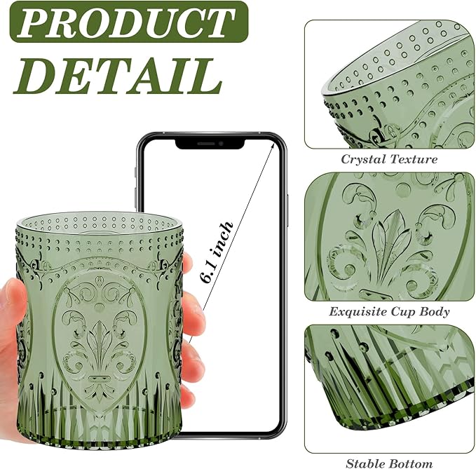 100 Plastic Vintage Drinking Glasses 8.5oz Stemless Retro Embossed Wine Glasses Shatterproof Reusable Cups for Baby Shower Wedding Reception Grand Event Party (Dark Green)