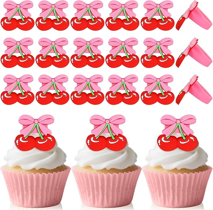 24 PCS Cherry Cupcake Toppers Pink Bow Cake Toppers Bowknot Cupcake Topper Ring She's the Cherry On Top Cake Decoration for Birthday Baby Shower Wedding Bridal Shower Party Supplies