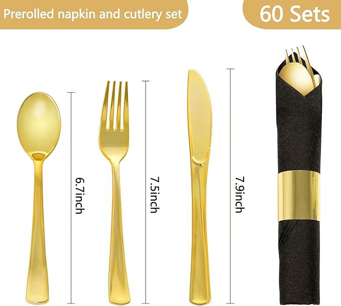 60 Pack Pre Rolled Gold Plastic Silverware Set,Wrapped Plastic Cutlery Set with Napkin Include 60 Forks,60 Spoons,60 Knives and 60 Black Napkins for Party, Wedding,Christmas