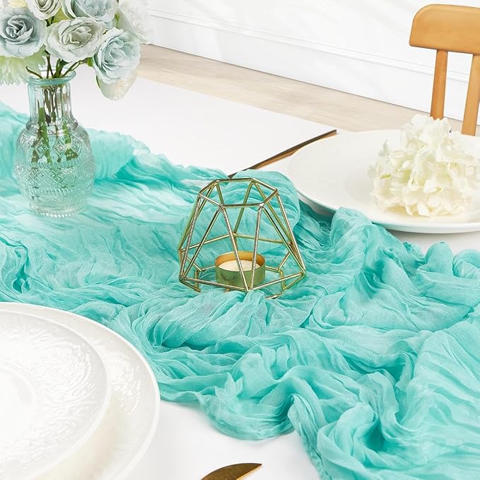 FEXIA Sky Blue Table Runner 35x120 Inches for Baby Shower Decoration Gauze Rustic Table Runner for Wedding Party First Communion Centerpiece Engagement Bridal Shower Boho Decoration