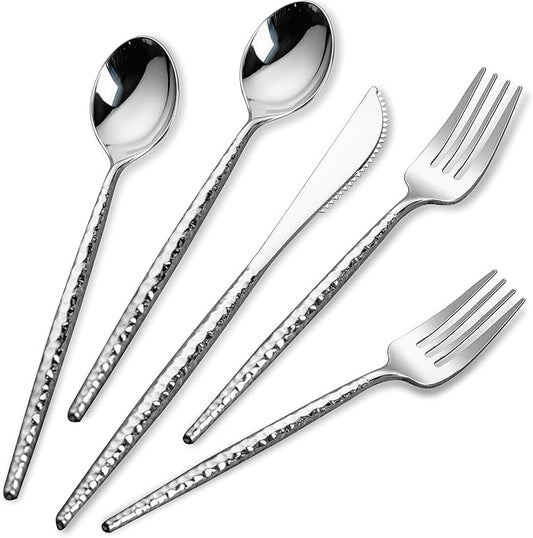 Rubtlamp 180 Pcs Silver Plastic Silverware - Hammered Disposable Silverware - Heavy Duty Plastic Forks And Spoons - Silver Plastic Cultery Include 60 Forks, 60 Knives And 60 Spoons for Wedding&Party