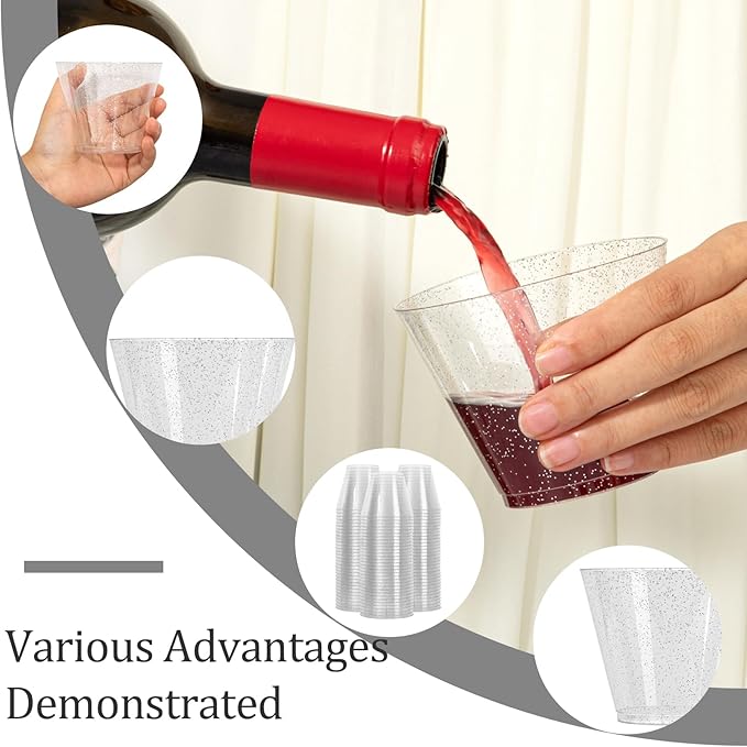 I00000 9oz 200 Pack Silver Plastic Cups, 9 Ounce Plastic Wine Cups with Silver Glitter Design, Fancy Wedding Cup, Cocktail Disposable Cup, Perfect for Parties, Wedding and Festival Events