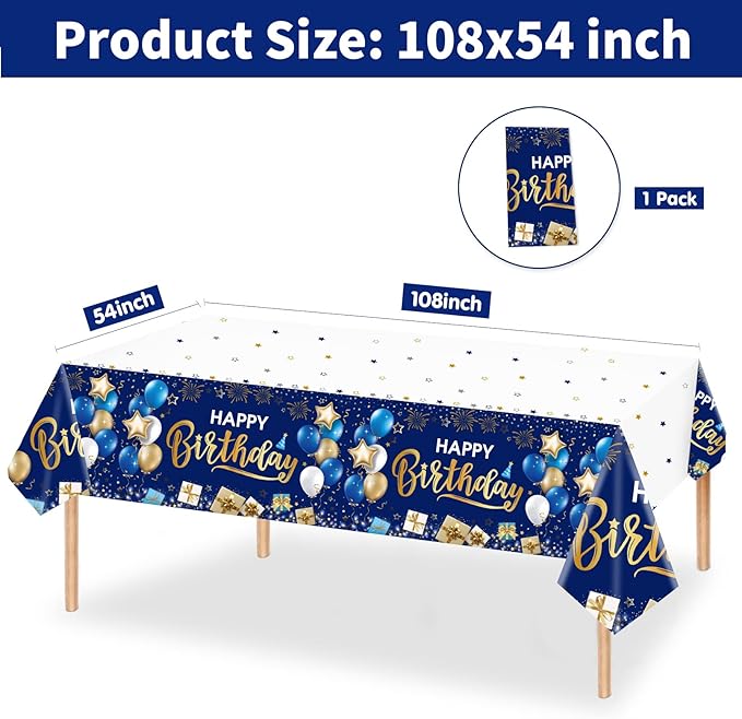 DUAIAI Happy Birthday Decorations, 1 Pcs Navy Blue and Gold Birthday Tablecloth for Boys Girls Men Women, Plastic Disposable Rectangle Table Cover for Birthday Party Supplies- 54" x 108"