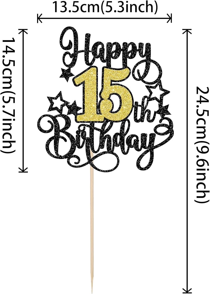 1 PCS Happy 15th Birthday Cake Topper Black Gold Glitter Cheers to 15 Years Birthday Cake Pick Hello 15 Fabulous Cake Decoration for Happy 15th Birthday Anniversary Party Decorations Supplies