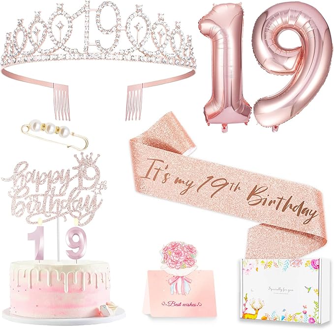 19th Birthday Decorations for Girl, 19th Birthday Sash and Crown, Cake Topper, Number Candles and Balloons, 19 Year Old Gifts for Girls