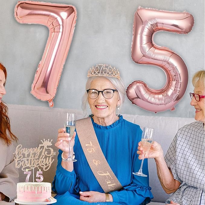 75th Birthday Gifts Decorations for Women, Including 75 year old Cake Topper, Birthday Queen Sash with Pearl Pin, Sweet Rhinestone Tiara Crown, Number Candles and Balloons Set, Rose Gold