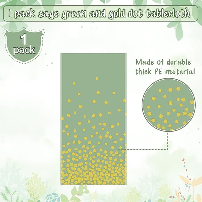 FunnyPars 1 Pack Sage Green and Gold Plastic Tablecloth, Green Disposable Table Cloth for Rectangle Tables, Gold Dot Light Green Tablecloth for Baby Shower Birthday Wedding Party Decorations, 54"x108"
