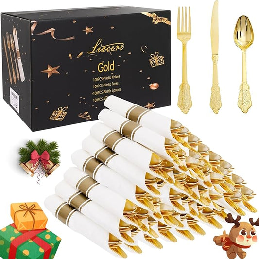 Liacere 400PCS Gold Plastic Silverware - Pre Rolled Napkins Disposable Gold Plastic Cutlery-Premium Quality Utensils-Includes 100Forks,100Knives,100Spoons,100 Napkins & Christmas & New Year