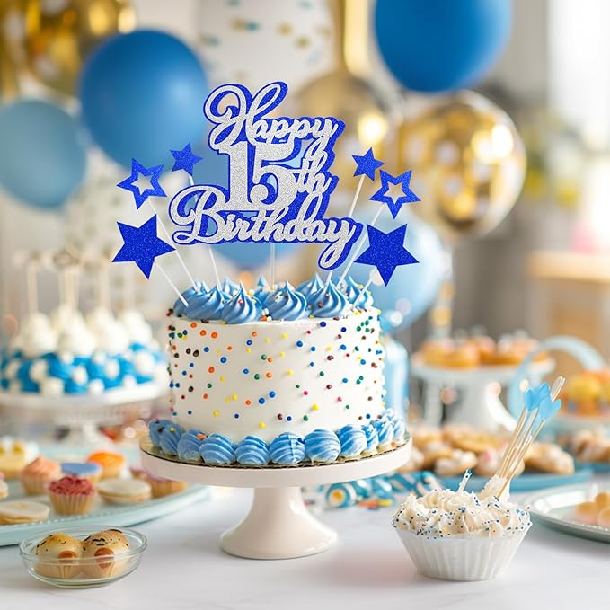 Happy 15th Birthday Cake Topper 15 Teenager Birthday Cake Decorations, Happy 15th Birthday Anniversary Party Cake Decorations for Boy Girl, Blue Silver Glitter
