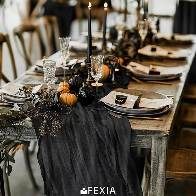 FEXIA 3 Pack Black Cheesecloth Table Runner 30x118 Inches Rustic Boho Gauze for Wedding Baby Shower Bridal Shower First Communion and Home Decorations