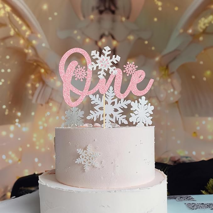 1 Pack Snowflake One Cake Topper Pink Glitter 1st Birthday Party Cake Pick Decorations for Winter Snowflake Theme Baby Shower Kids First Birthday Party Supplies