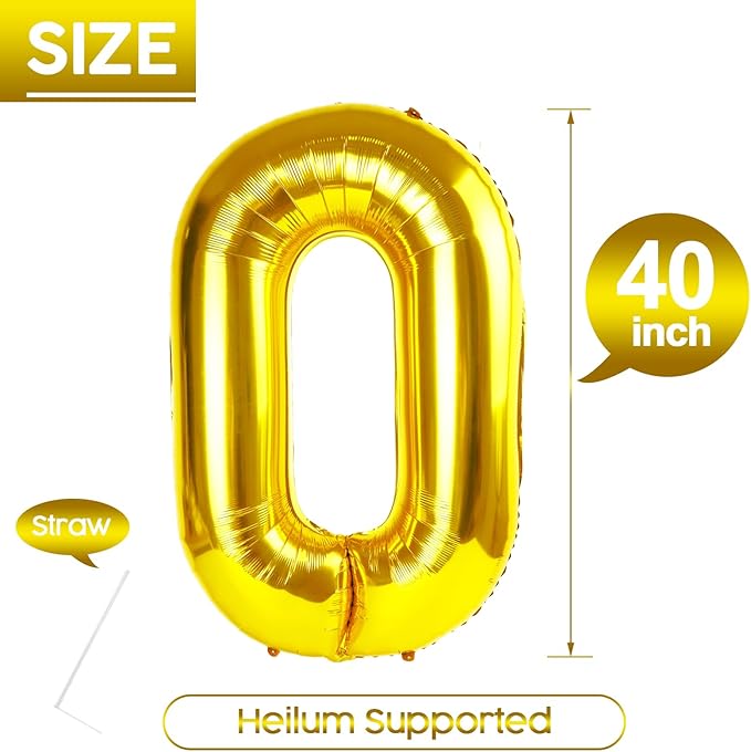 0 Balloon - Gold Birthday Number Balloons, 40 Inch Large Foil Balloons for Men Women Boys Girls Gold Themed Birthday Decorations