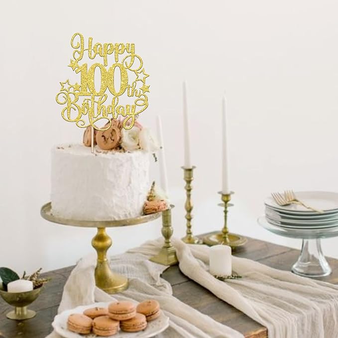 1 PCS Happy 100th Birthday Cake Topper - Glitter Cheers to 100 Years Cake Pick - Hello 100 Fabulous Cake Decoration for Anniversary Party Decorations Supplies - Gold