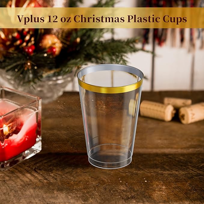 Vplus 150 Pack 12 OZ Reusable Gold Rimmed Clear Plastic Cups, Disposable Heavy Duty Plastic Cups Perfect for Party Christmas Wedding