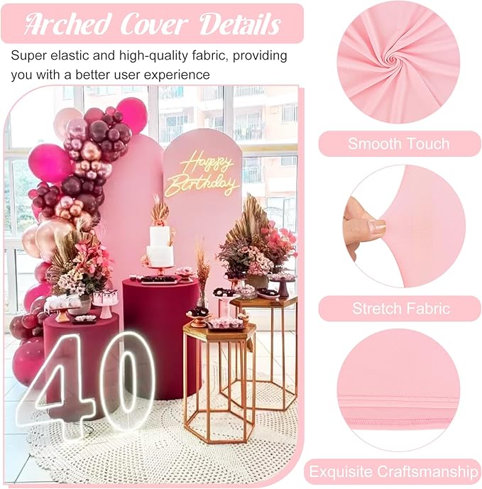 Metal Arch Stand and Cover Set,1 Pink Spandex Fitted Backdrop with 1 Gold Wedding Arched Stand Frame for Parties Birthday Baby Shower Bridal Banquet Decoration (7.2FT)