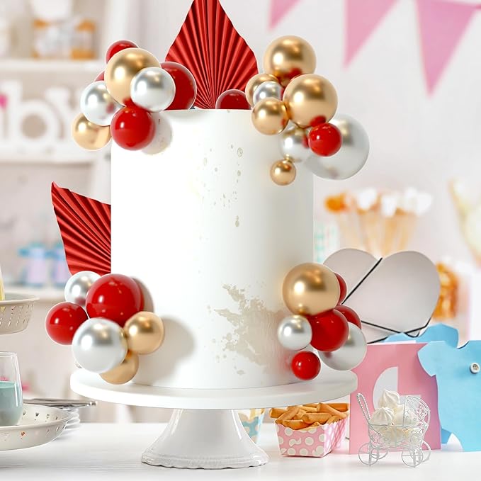 NEBURORA 64 Pcs Balls Cake Toppers and Leaves Decoration Set Mini Balloons for Cake Decorating Supplies Balls Cake decorations for Baby Shower Cake Toppers Birthday Cake Decorations(Red Gold)