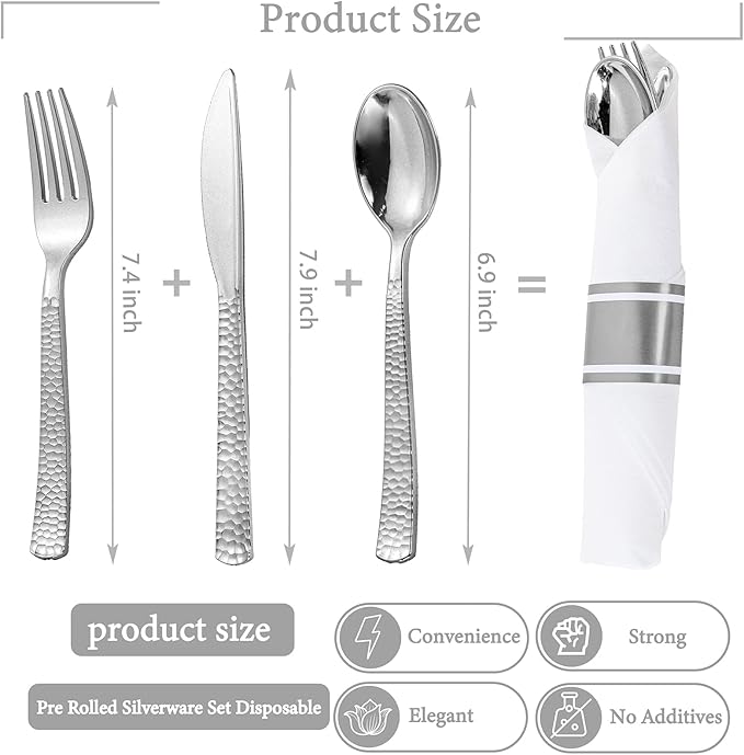 WELLIFE 50 Pack Silver Plastic Silverware,Wrapped Silverware Set Disposable,Hammer Pattern Design,Includes:50 Forks, 50 Knives, 50 Spoons, 50 Napkins,Utensils Plastic Disposable for Christmas