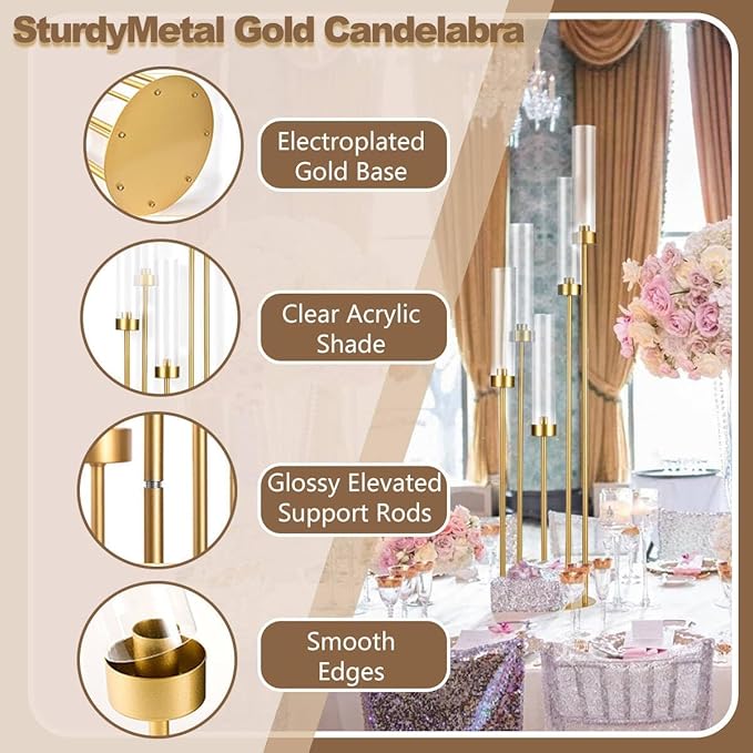 2PCS Gold Floor Candelabra,5 Arm Candle Holder Tall Floor Candle Holder with Acrylic Lampshade for Wedding Table Birthday Party Home Decoration Fit LED Taper Candles