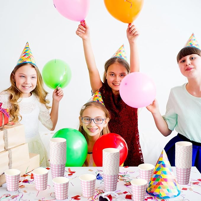 Honeydak 150 Pcs 9 oz Gingham Paper Drinking Cups Checkered Party Disposable Plaid Paper Cups Supplies for Wedding Birthday Fiesta Party Baby Shower Picnic(Pink)