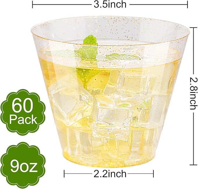 I00000 60 pcs Gold Plastic Cups - 9 OZ Hard Gold Glitter Plastic Cups For Cocktail and Drinking - Premium Disposable Cup with Gold Glitter For Fancy Wedding Party Cup