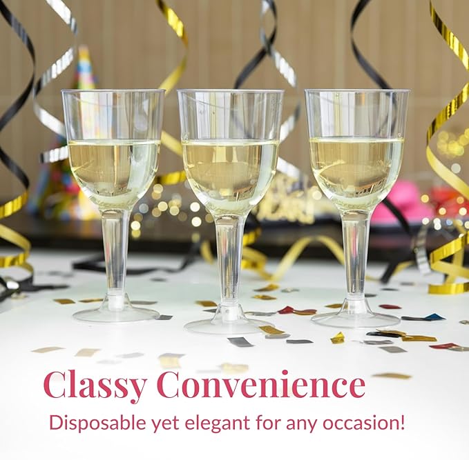 Prestee 24 Clear Stemmed Plastic Wine Glasses - 10 oz Disposable Wine Glasses for Parties - Plastic Wine Cups with Stem for Weddings, Wine Tasting, Patio Gatherings, and Elegant Party Supplies