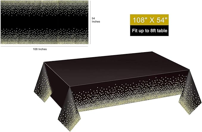 Gexolenu 2 Pack Premium Black and Gold Disposable Plastic Tablecloth for Rectangle Tables(54" x 108"), Disposable Waterproof Table Cover for Birthday, Graduation, Gold Table Cloths Party Supplies