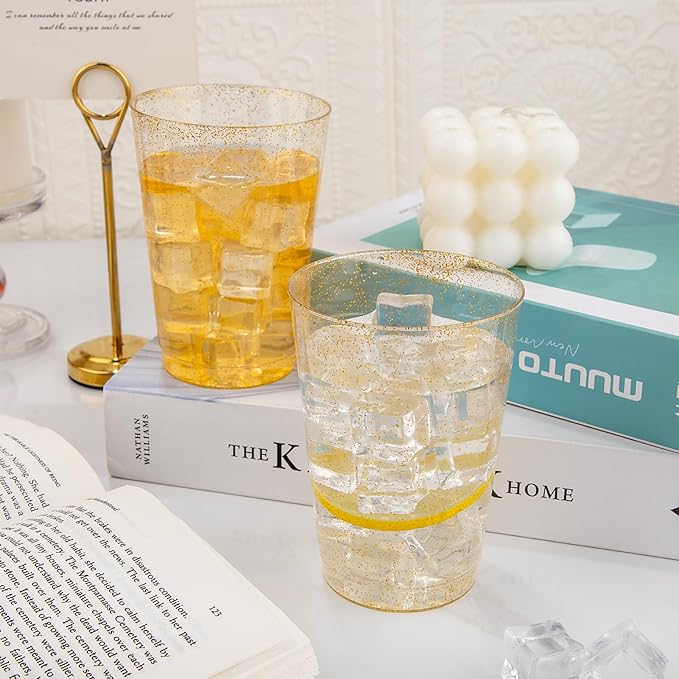 I00000 200 Pack 12 oz Gold Glitter Plastic Cups, Clear Disposable Cups, Disposable Plastic Wine Glasses Cocktail Glasses Premium Cups, 12 Ounce Glitter Tumblers for Party & Wedding