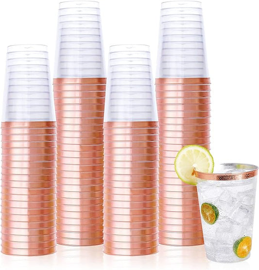 Vplus 150 Pack 12 OZ Reusable Rose Gold Rimmed Clear Plastic Cups, Disposable Heavy Duty Plastic Cups for Party, Christmas, Wedding, Thanksgiving, Halloween