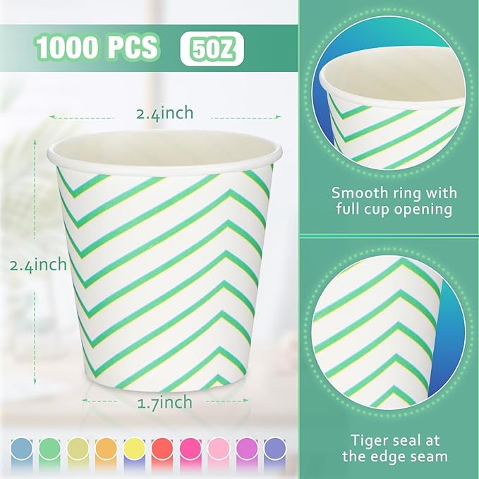 Tanlade 1000 Pack Multicolor 5 oz Paper Cups Striped Bathroom Mouthwash Cups for Parties, Picnics, Barbecues, Travel and Events, 10 Colors